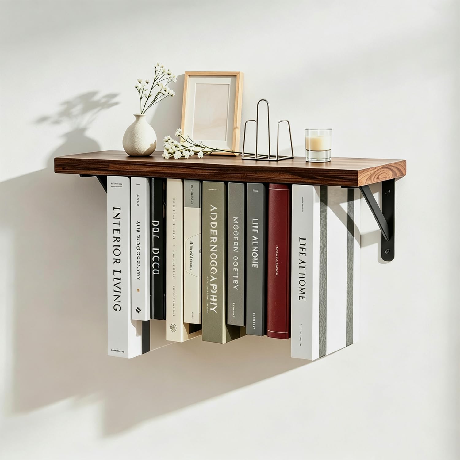 Floating Shelf with Under-Board Elastic Band for Wall, Upside Down Floating Bookshelves for Creative Space Saving Wall Decor, Modern Wall Mounted Wooden Shelves for Bedroom Living Room Office Décor