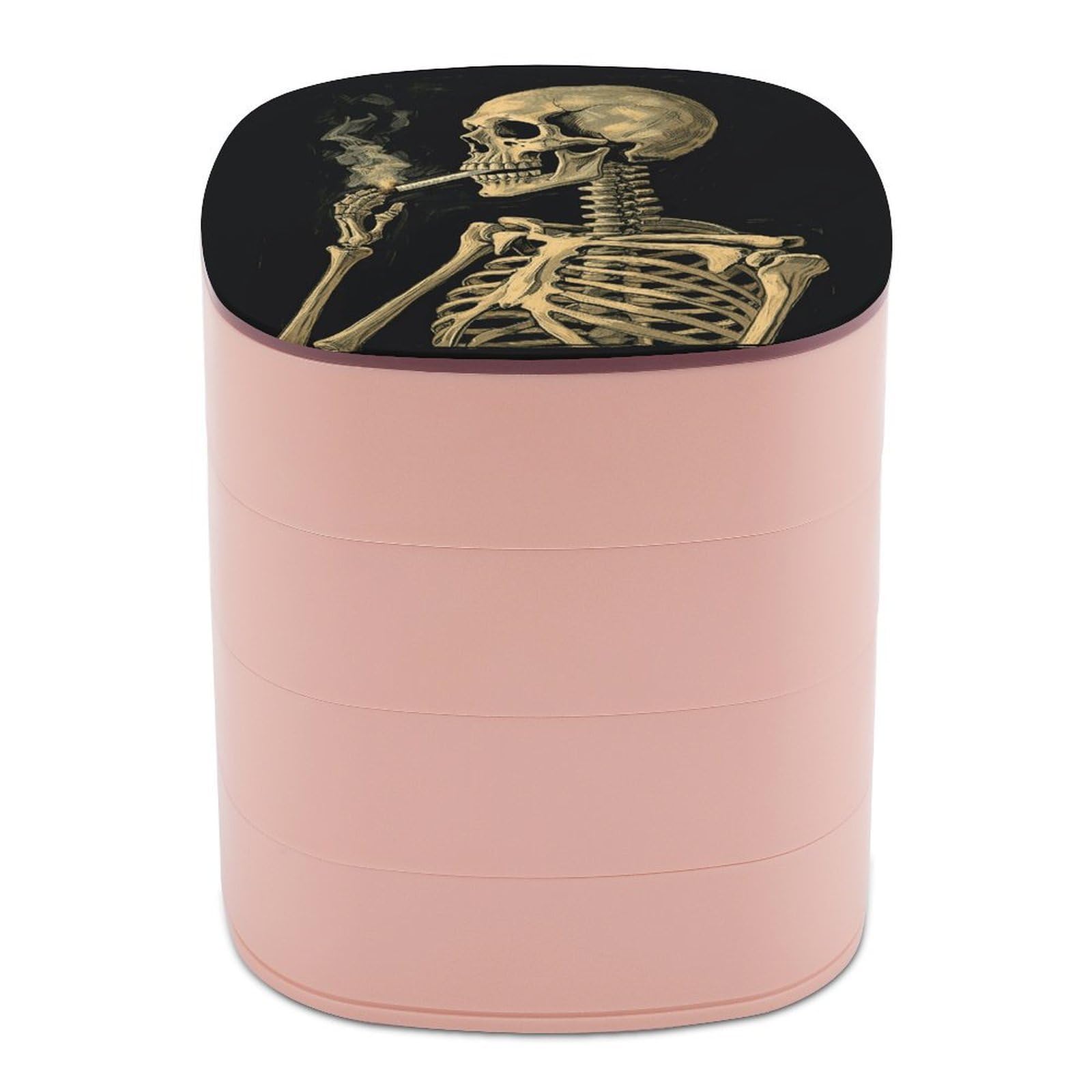 A Skeleton with Burning Cigarette Jewelry Box 4-Layers Rotatable Jewelry Organizer Storage Box with Mirror Cute Travel Jewelry Case Portable Earring Holder Organizer for Ring Necklace Bracelet