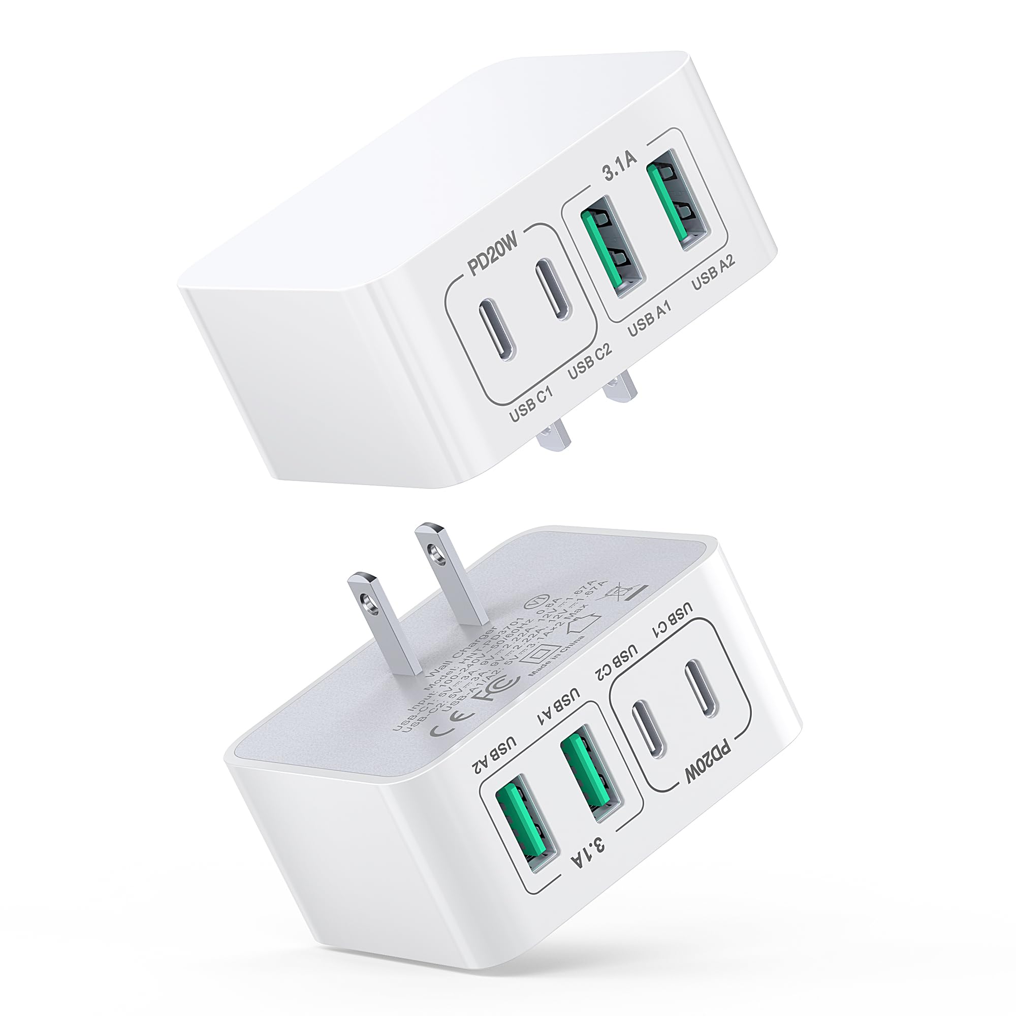 USB C Charger Block Thin Flat 40W 4-Port Wall Charger 2-Pack Type C Fast Charger Cube, PD&QC Wall Plug Power Adapter Compatible for iPhone 15/15 Pro/15 Pro Max/14/13/12, iPad, Airpods, iwatch, Samsung