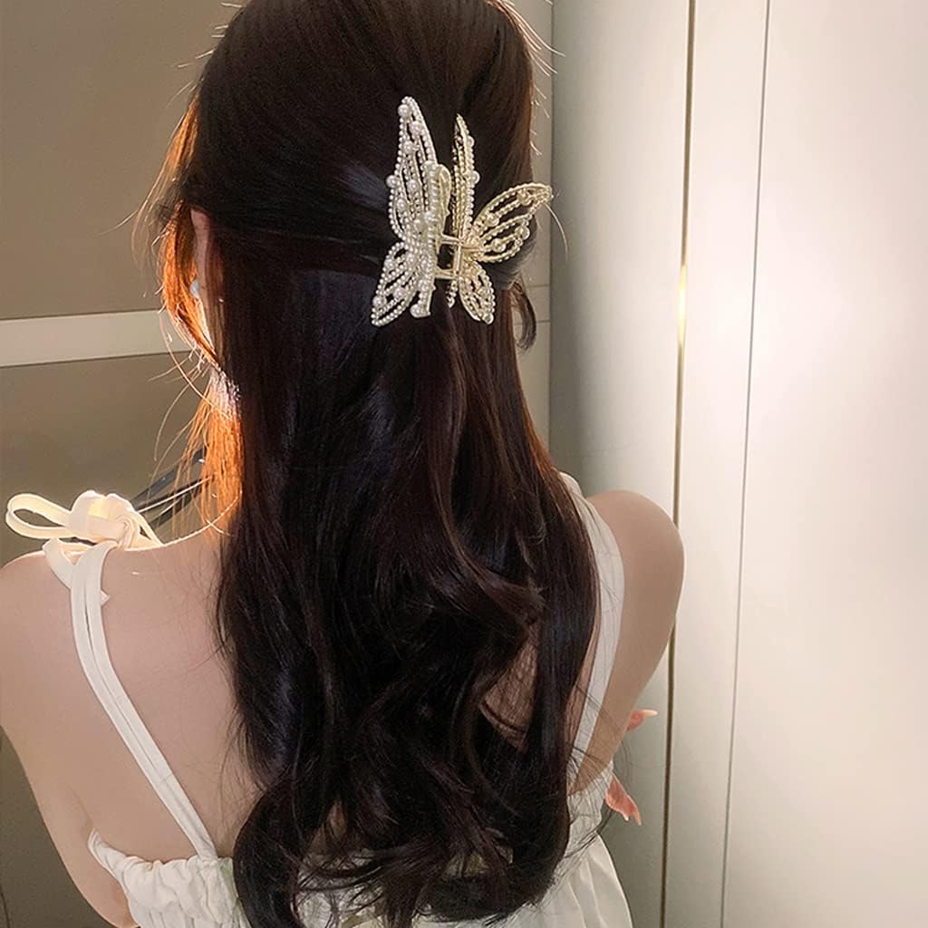 パールバタフライグラブクリップ女性春夏クリップ頭飾りヘアピンバックスプーン大サメクリップ (Color : A)