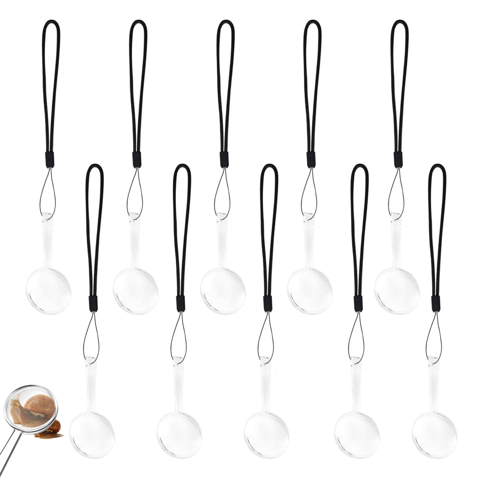 KUBDPQOR 10 Pack Mini Handheld Magnifying Glasses with 10 Lanyards, 3-5X Acrylic Reading Magnifiers, Lightweight Clear Pocket Magnifier for Kids, Seniors, Classroom and Travel Black