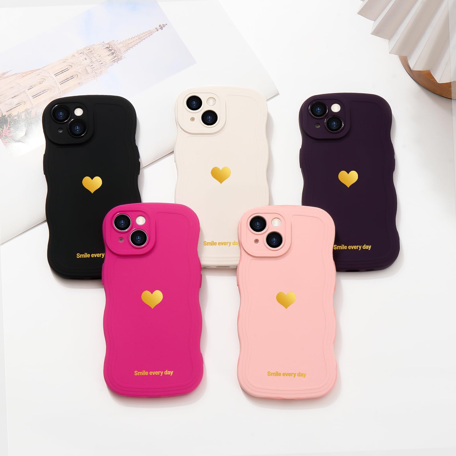 LAPOPNUT for iPhone 15 Plus Case,Cute Curly Wave Frame Love Heart Phone Case for Girls Women,Soft Silicone TPU Bumper Shockproof Camera Protective Cover for iPhone 15 Plus 6.7 inch,Hot Pink - Image 2