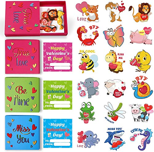 Unomor 36 Valentines Day Cards for Kids with 72 Valentines Temporary Tattoos & 36 Small Gift Box, Kids Valentines Day Exchange Cards for Classroom Exchange and Party