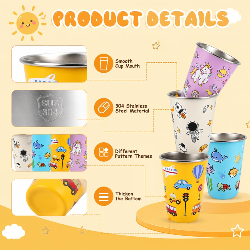 4 bicchieri per bambini in acciaio inox, 350 ml, in acciaio inox, robusti, 1 bicchiere in acciaio inox, per picnic e famiglie (blu, rosa, giallo, bianco)