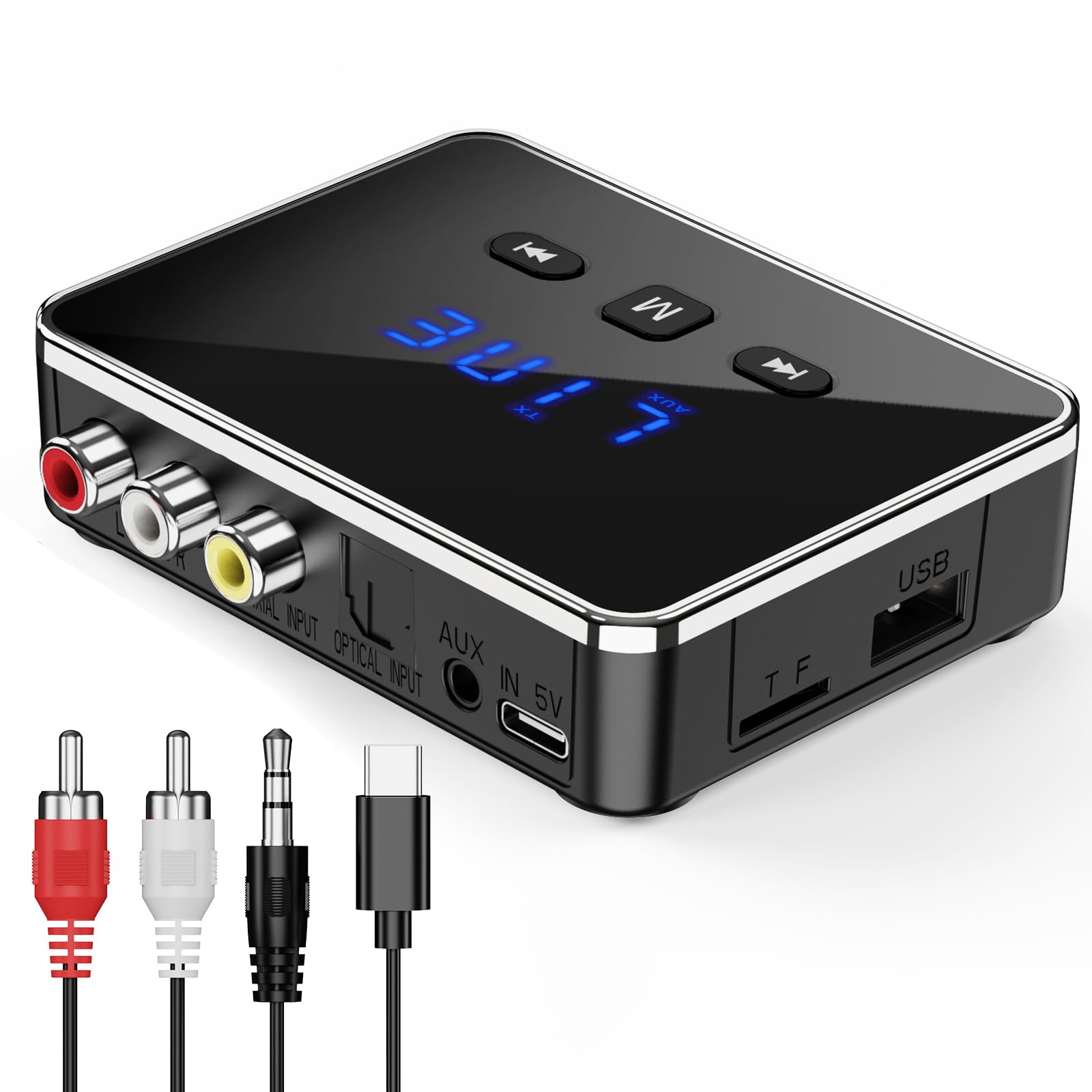 OQIMAXNadajnik Bluetooth 5.4, 3 w 1 adapter Bluetooth/AUX/RCA/optyczny, transmiter Low Latency, odbiornik do TV/PC, system stereo, obsługuje kartę TF/USB