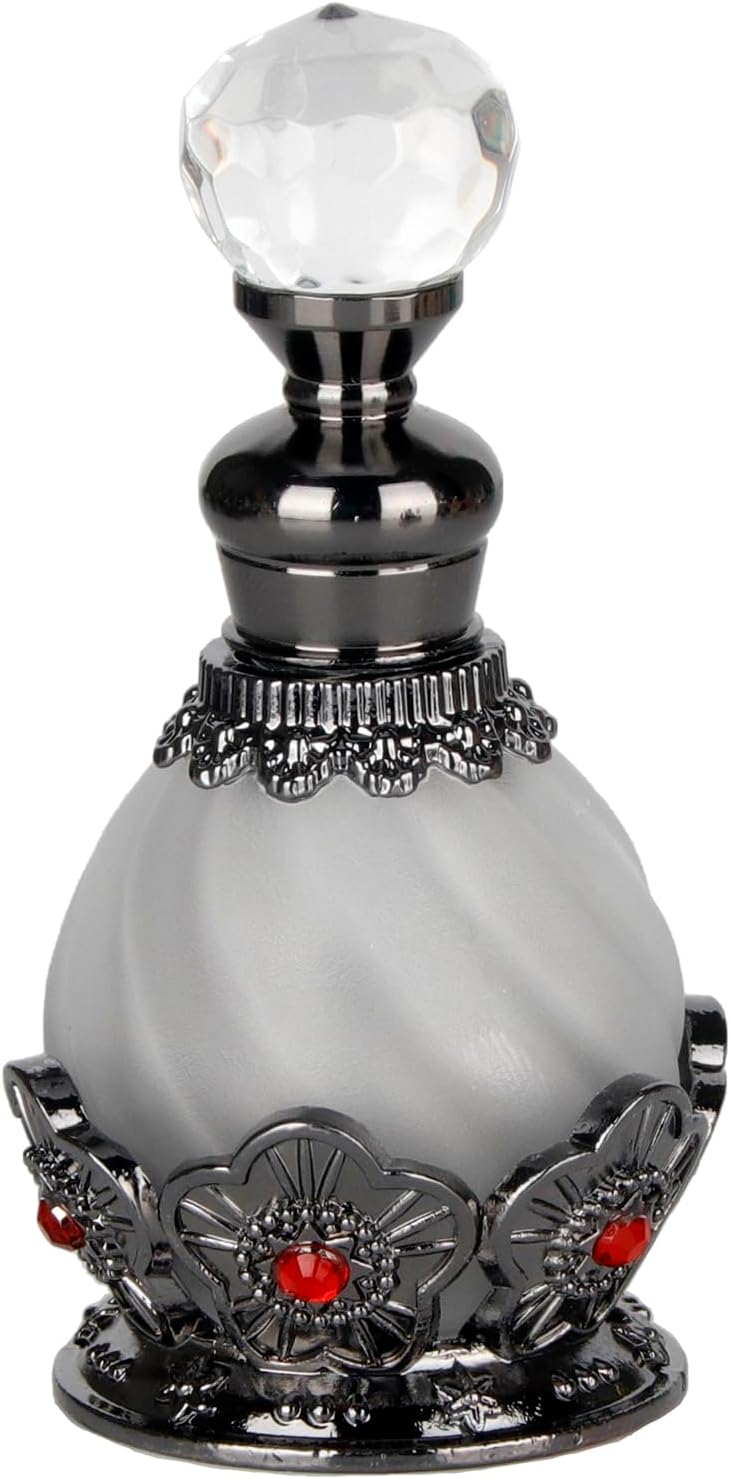 SEVENBEES 15ml Vintage Glass Perfume Bottle with Antique Silver Flower Figurine - Refillable Empty Decorative Bottle for Essential Oils - Girl or Women Gift for Dresser Table Decor