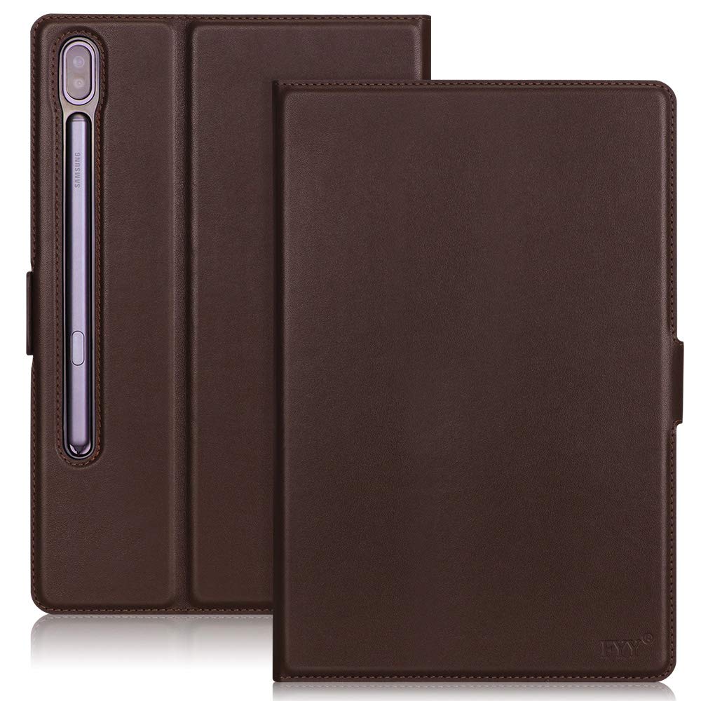 FYY Case for Samsung Galaxy Tab S6 10.5" T860, Luxury Cowhide Genuine Leather [Support S Pencil Charging] with [Auto Sleep-Wake Function][Elastic Pencil Pouch] for Galaxy Tab S6 10.5" Brown