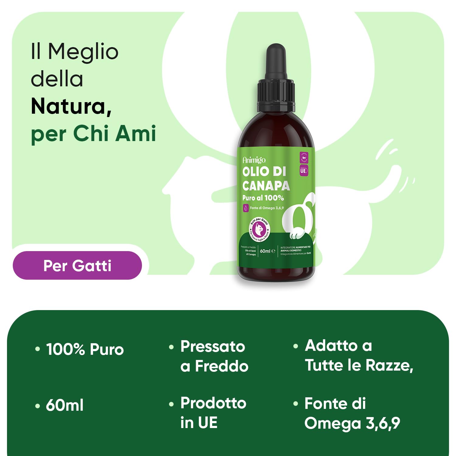 Olio di Semi di Canapa per Gatti, 100% Puro, Pressato a Freddo, Fonte di Omega 3, 6, 9, Gocce da 60ml, Adatto a Tutte le Razze, da 12 Settimane di Età, Completamente Privo di Additivi, Prodotto in UE