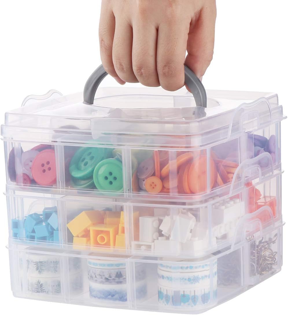 ilauke 3 Tier Clear Transparent Plastic Stackable Storage Box with 18 Compartments Craft Storage Box with Carry Handle Container for Storing & Organising Toys, Jewellery, Beads, Arts & Crafts, Tools
