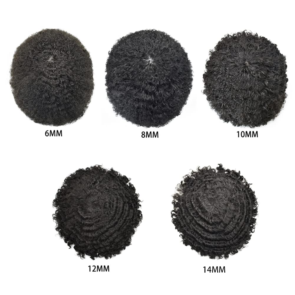 Afro Toupee For Black Mens Hair Replacement System PU Injection Afro Men Weave Units African American Men Curly Hairpieces 10mm Wavy-1B# Natural Black