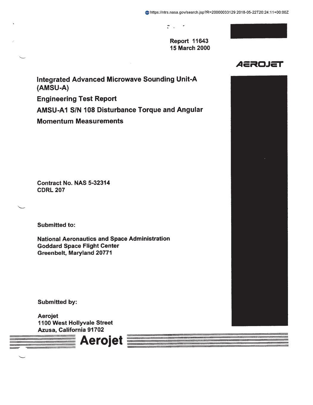 Integrated Advanced Microwave Sounding Unit-A (Amsu-A). Engineering Test Report, Amsu-A1 S/N 108 Disturbance Torque and Angular Momentum Measurements