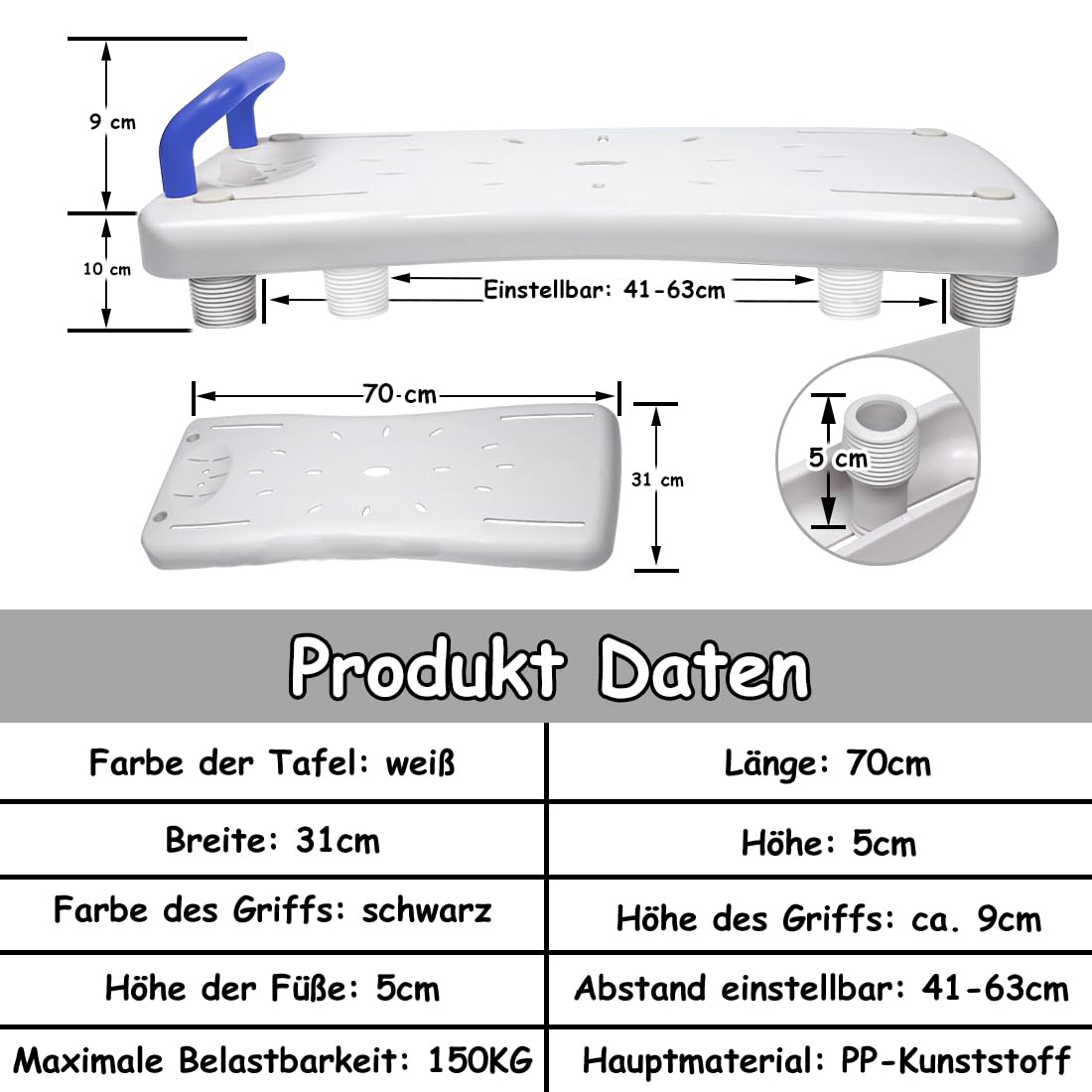 NAIZY - Sedile per vasca da bagno, 70x31 cm, per anziani e adulti, 41-63 cm regolabili, sedile per vasca in PP, MAX. 150 kg, colore: Blu con maniglia