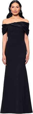Betsy & Adam Womens Floor Length Scuba Crepe Evening Gown with Off Shoulder Taffeta Twist Neckline Formal Dress