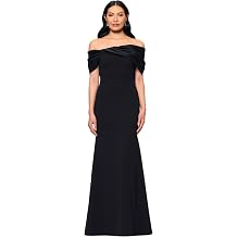 Betsy & Adam Women's Scuba Crepe Off the Shoulder Taffeta Twist Floor Length Dress