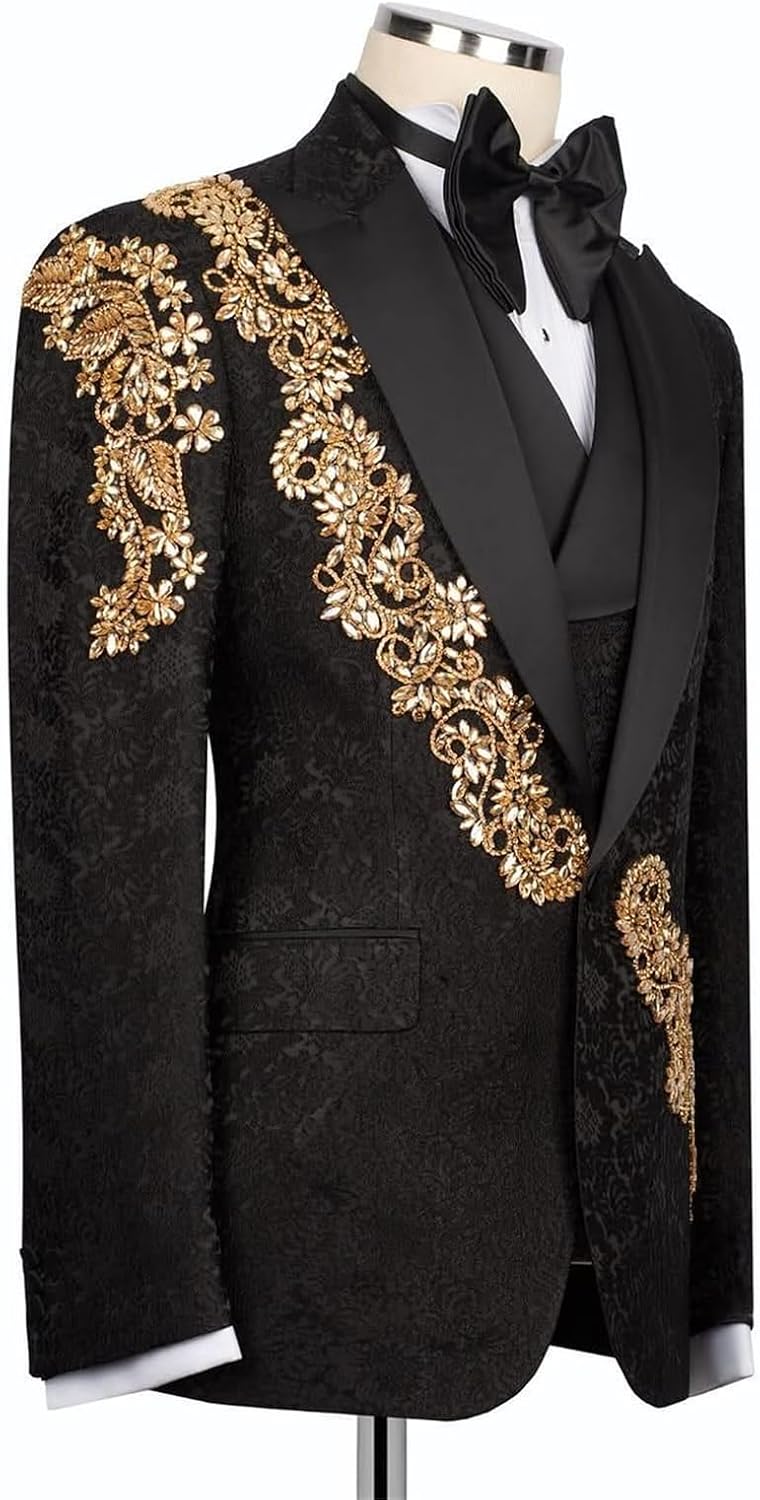 Mens Luxury Jacquard 3 Pieces Suit with Rhinestone Slim Fit Peaked Lapel Blazer Jacket Vest Pants Set for Prom,Party