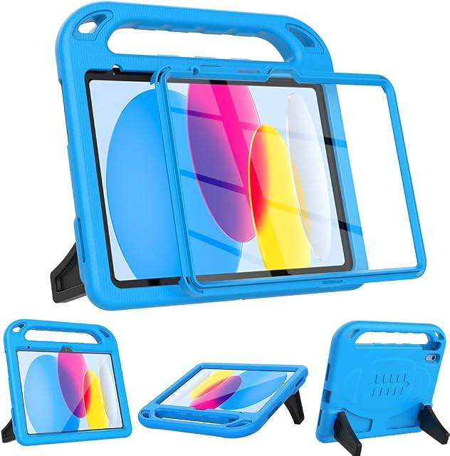 Surom Kids Case for iPad 10th Generation 10.9 inch 2022 - with Built-in Screen Protector, Shockproof Light Weight Handle Stand 10.9 iPad 10th Generation Case for Kids Toddlers Girls, Blue