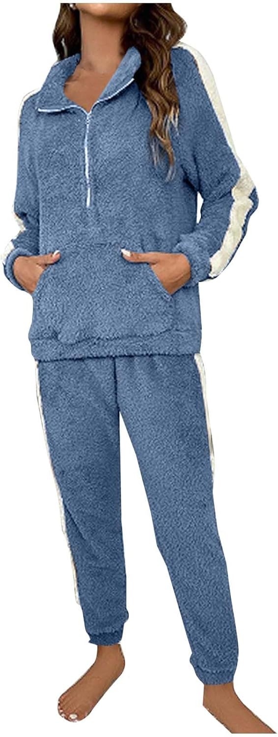 Women's 2 Piece Pajamas Set Cozy Sleepwear Half Zip Pullover Lapel Tops with Pockets and Pants Winter Loungewear