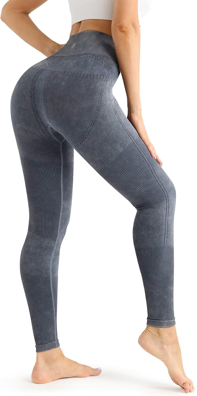 Fisoew Womens Ribbed Seamless Leggings High Waisted Tummy Control Workout Full Length Yoga Pants Wash Blue