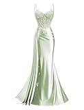 Satin Lace Appliques Prom Dresses for Women 2026 Mermaid Ruched Spaghetti Strap Corset Formal Evening Gown with Train