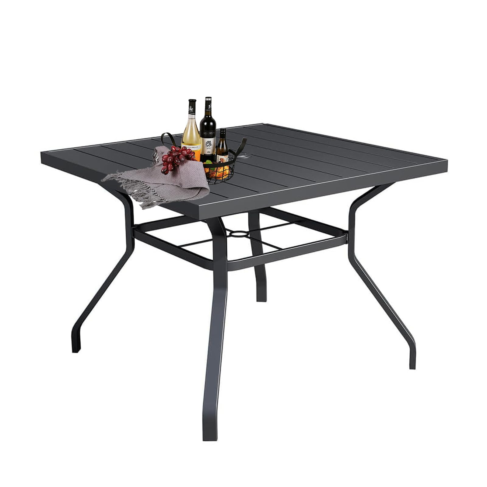 MEOOEM 37inch Outdoor Metal Table Patio Dining Table with 1.57inch Umbrella Hole for Garden, Poolside, Backyard, Black