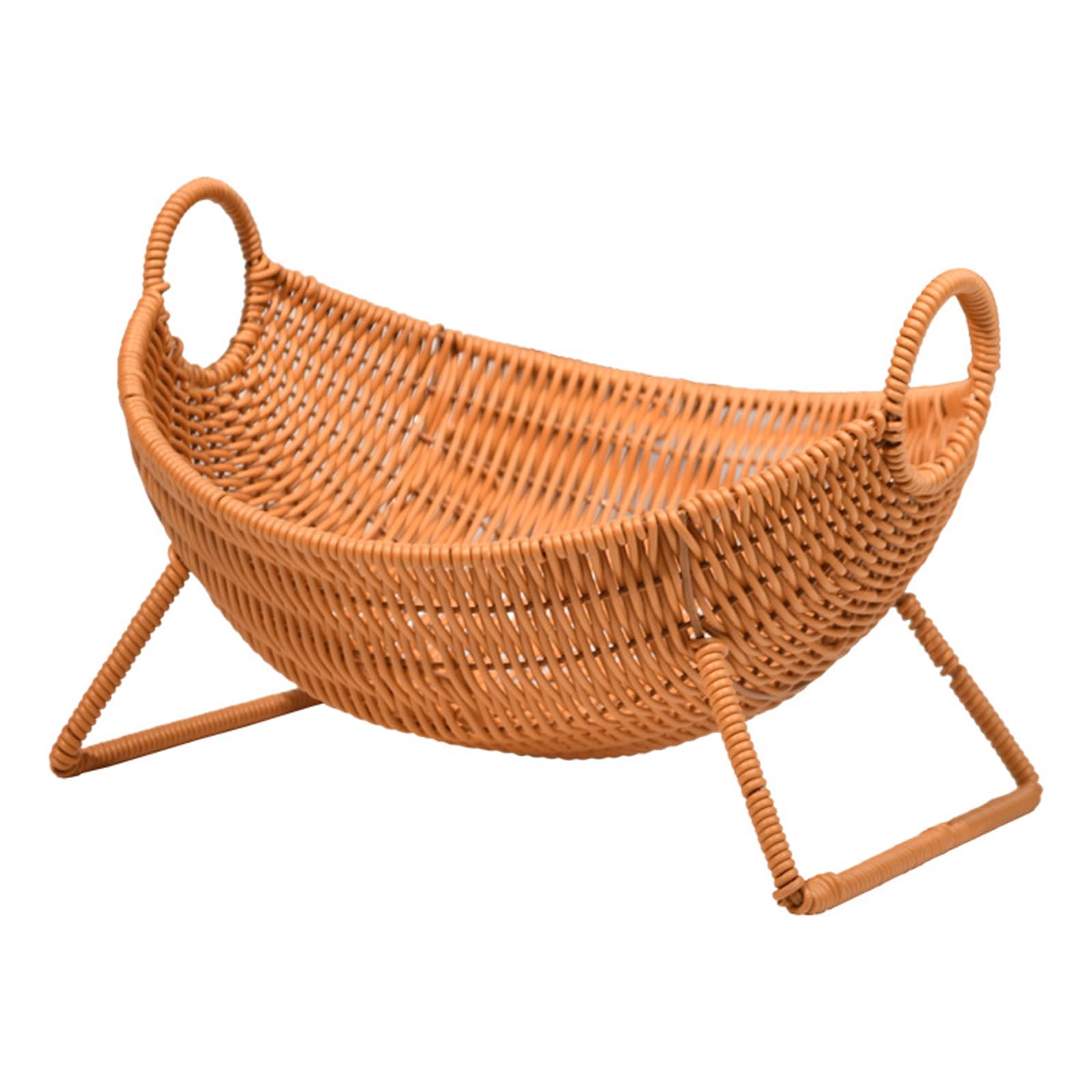 Decorative Fruit Bowl Alternative Faux Rattan Boat Basket Plastics Handwoven Snacks Holder with Raised Handles for Kitchen Snacks Holder