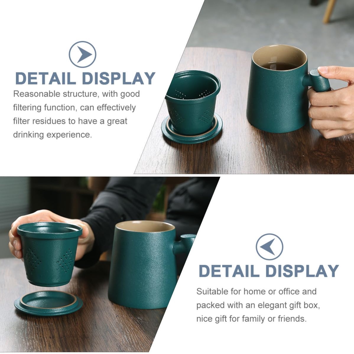 INOOMP Tazza da Tè in Ceramica Infusore e Coperchio, Manico in Legno, Capacità 400ml, Colore Verde, Design Elegante per Ufficio e Casa