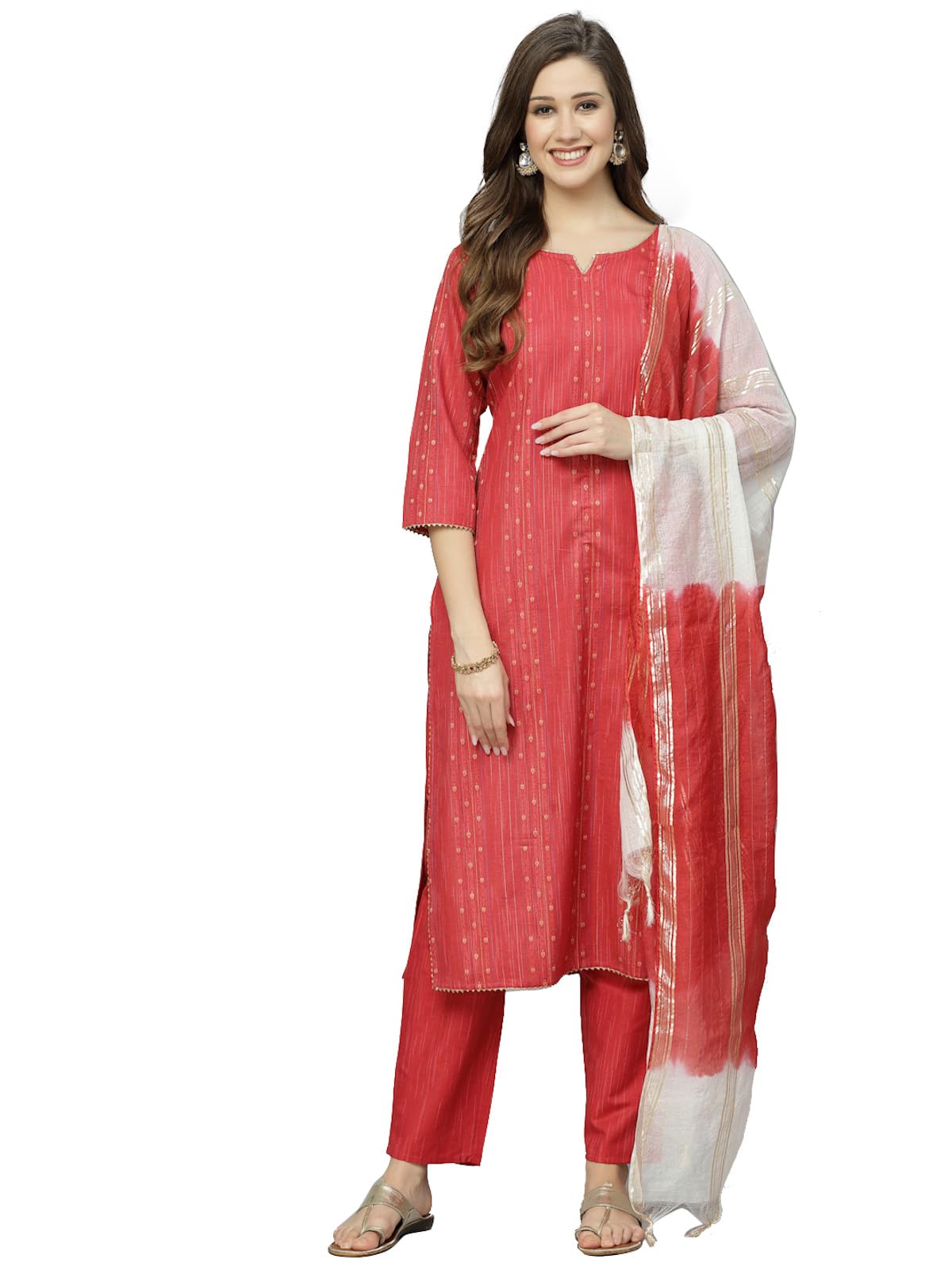Stylum Women's Woven Design Cotton Blend Straight Kurta Pant Dupatta Set (Redjugno44_Red, Xxl)