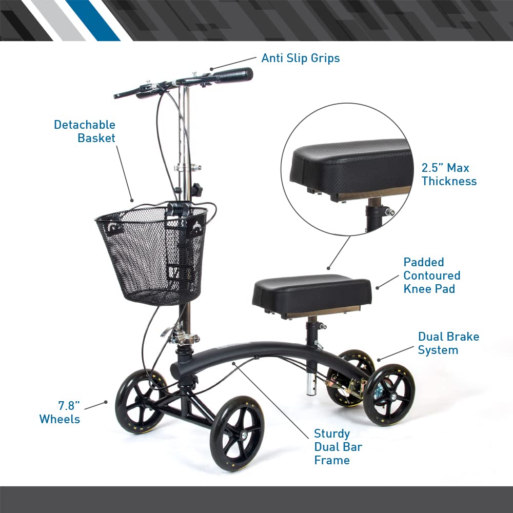 BodyMed Premium Knee Walker, Steerable for Foot Injuries - Adjustable Scooter with Dual Brakes & Metal Basket - Better Alternative to Crutches for Leg Recovery