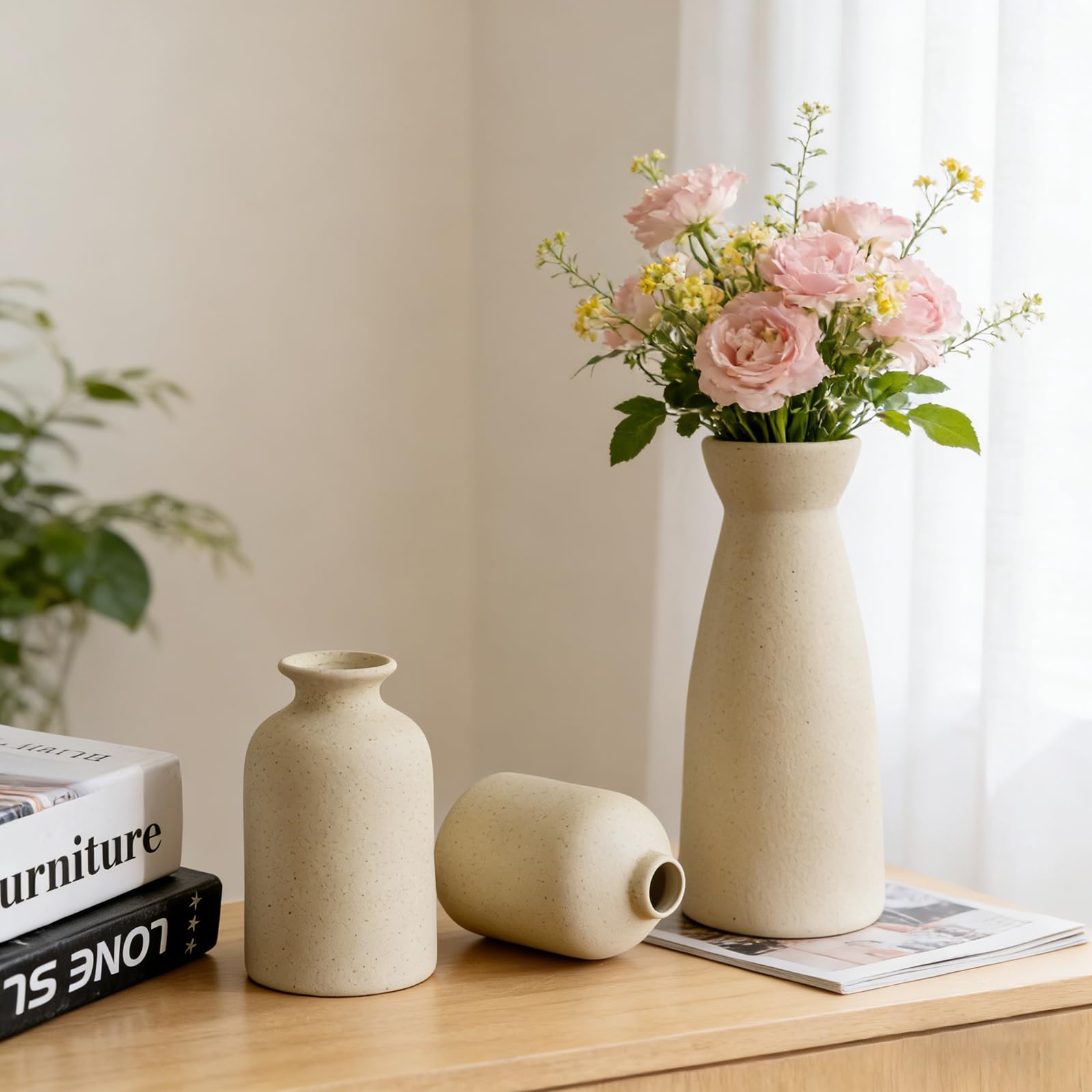 Keramik Vasen Set 3er Blumenvase für Deko Schlafzimmer, Moderne Home Decor Boho Landhaus Rustikale Vase für Pampasgras