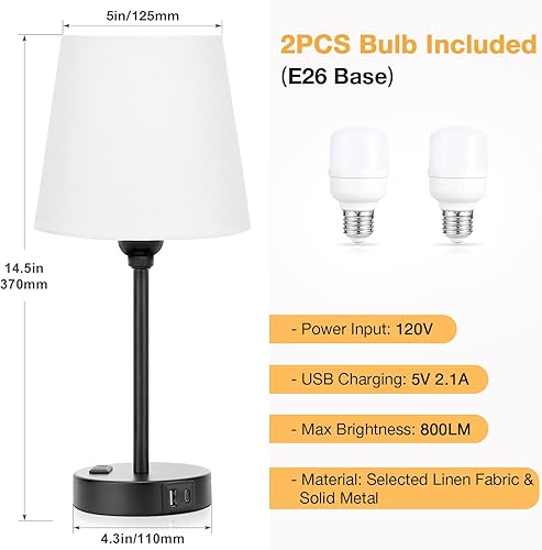 Miniatura 7 de Juego de 2 lámparas de noche blancas para dormitorio, mesita de noche con puerto USB C y carga de salida de CA, control táctil regulable de 3 vías,