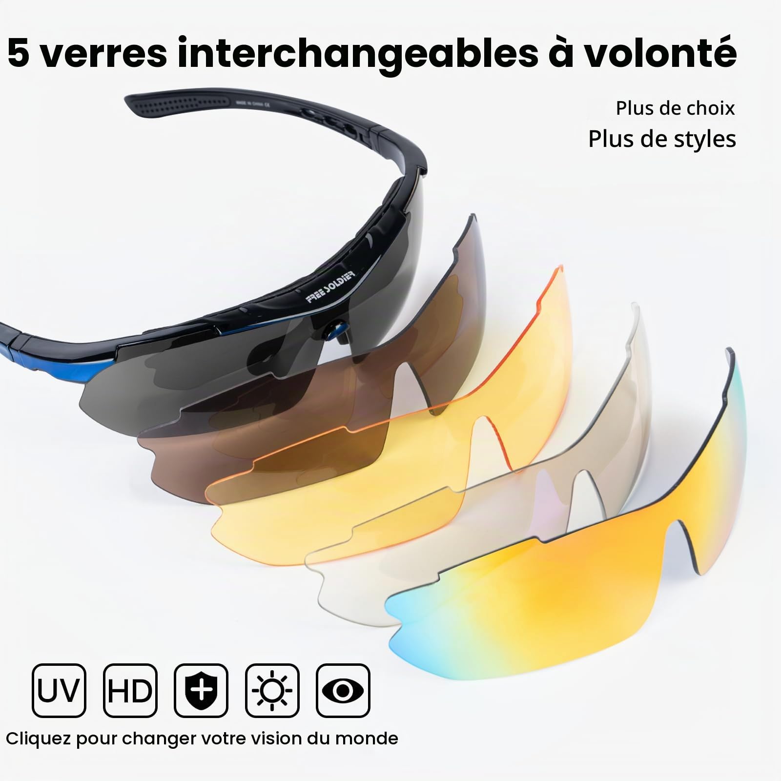 FREE SOLDIER Lunettes Homme de Cyclisme Lunettes anti-UV400 Tactiques Militaires 5 en 1 Lunette Peche pour VTT Airsoft Course à Pied, Conduite, Sports de Plein air