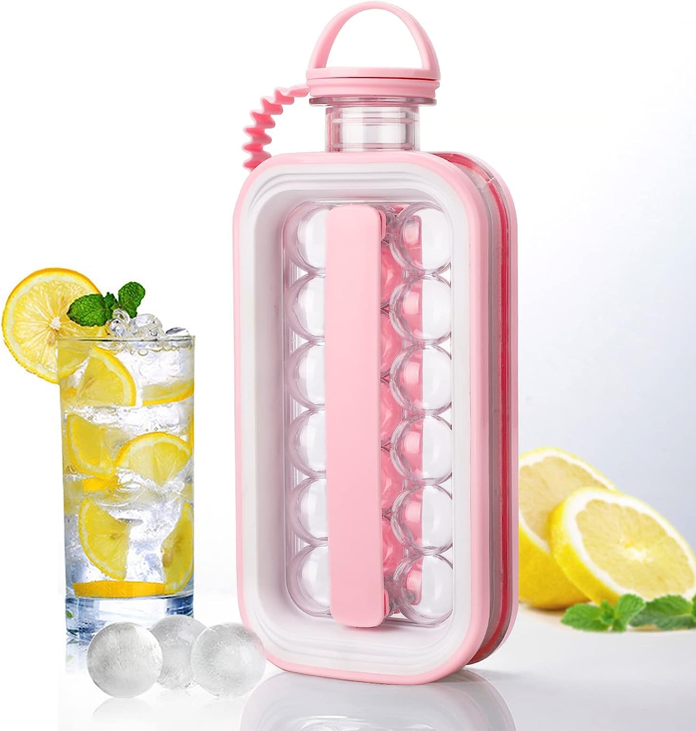 AWH Ice Cube Trays Portable Ice Ball Maker - Kettle With 17 Grids Flat Body Lid Cooling Ice Pop/Cube Molds For Cocktail,Coffee,Whiskey,Champagne,Beer,Juice,Water - PINK