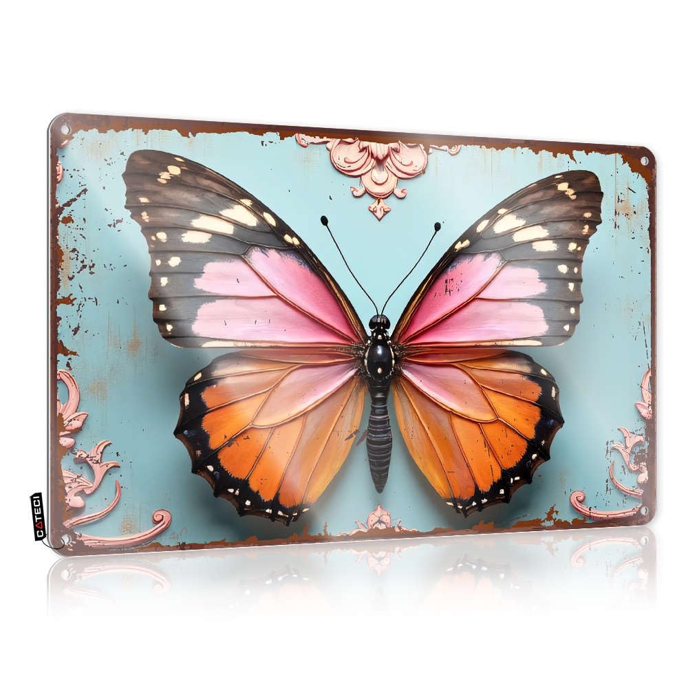 Decor Graduation Waterproof Artwork, New Retro Print For Cafe Pub Basement | Tinsign Pre-drilled Custom A Butterfly With Pink, Orange, And Black Wings(30X40CM)