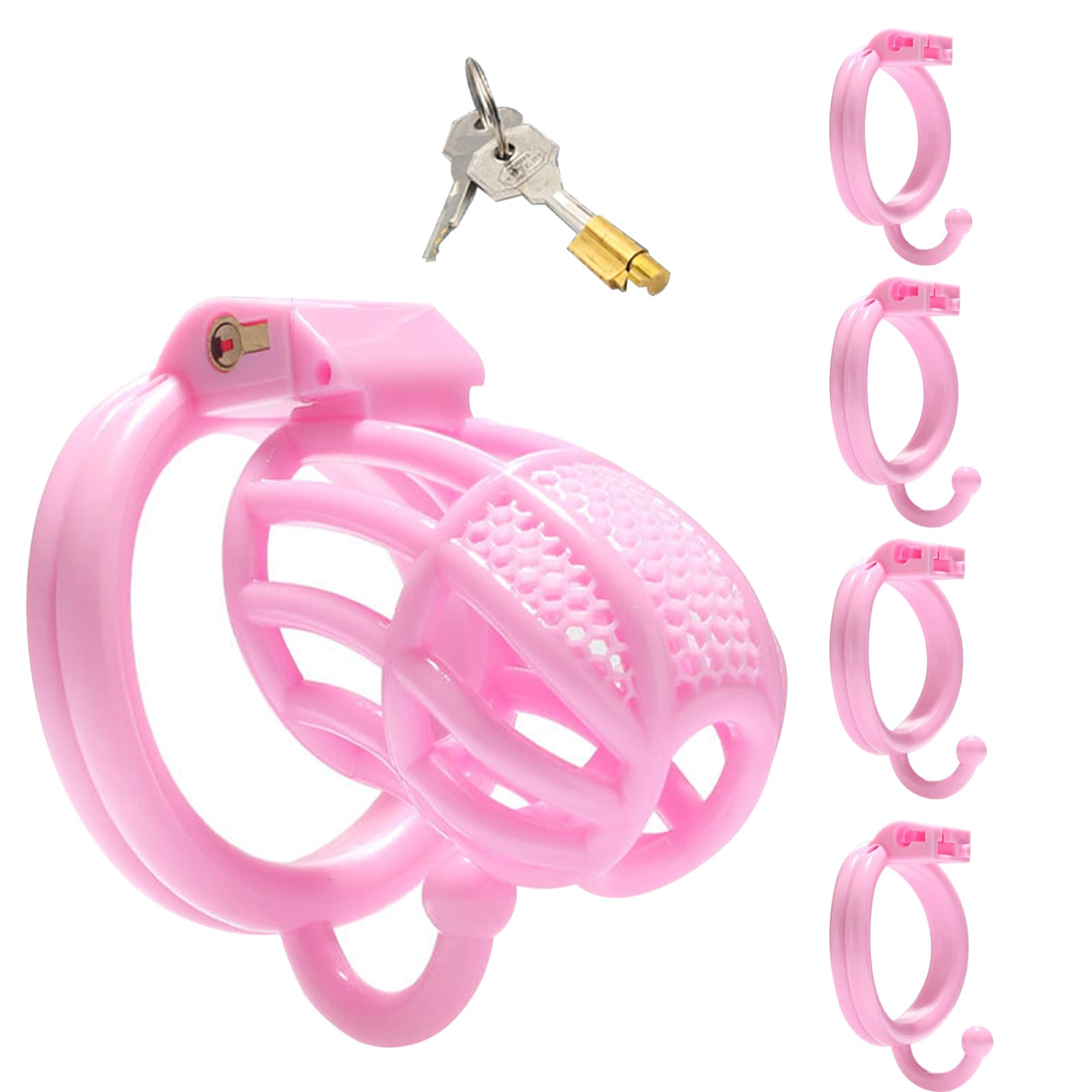 BDSMJOY Chastity cage con Gancio per massaggio testicolare, gabbia pene con 4 Anelli per il Pene Rimovibili, cock cage per Prevenire L'erezione (Rosa)