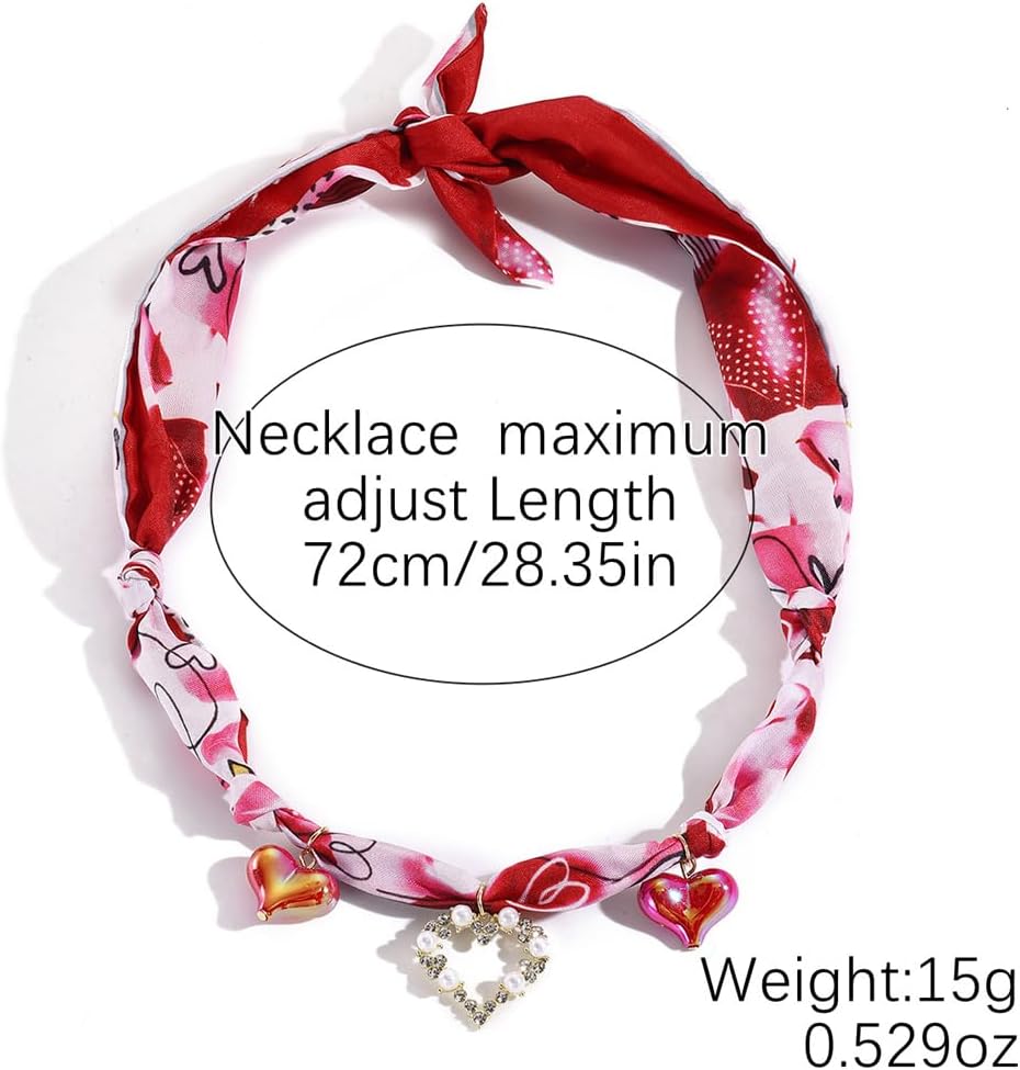 FUTIMELY Scarf Necklace With Charm,Red Fabric Chain Heart Pendant Bandana Necklace for Women,Unique Puffy Love Choker Necklaces - Image 3