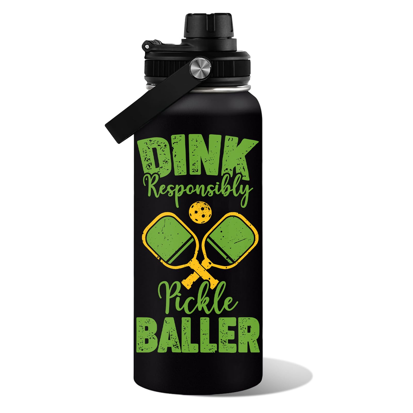 WWHSAI Pickleball Water Bottle 32oz | Insulated Stainless Steel Travel Tumbler with Lid Leak-Proof Keep Hot or Cold, BPA-Free |Dink Responsibly Gifts