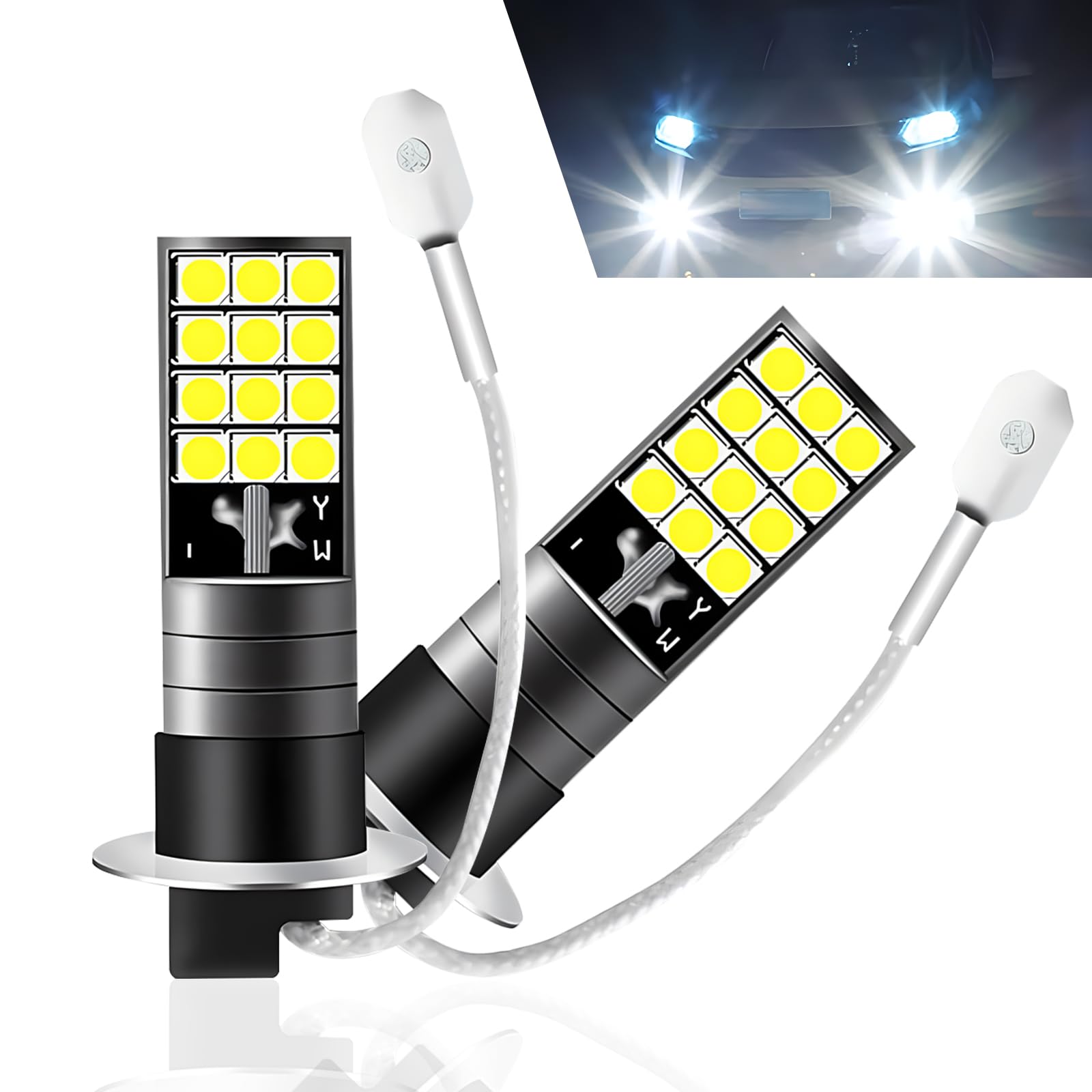 Pack-2 Car H3 Fog Light, 3030 Chipset High-brightness Waterproof Integrated Bulb, Plug and Play Anti-fog Super-penetrating Lighting Bulb Replacement, Universal for Cars (White)