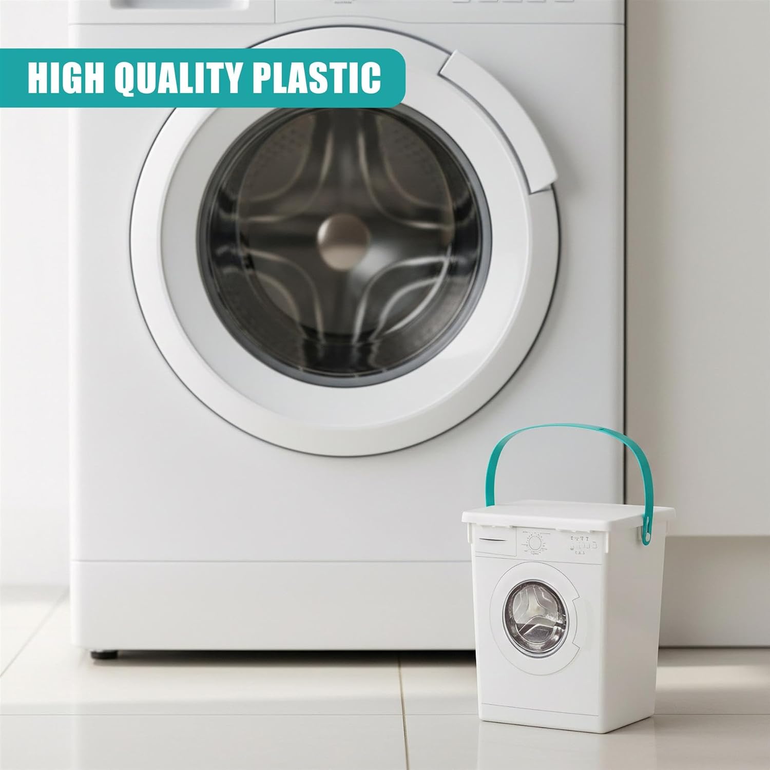 Washing Powder Storage Container with Lid & Handle 5L - Washing Machine Shaped Laundry Detergent Box for Powder, Pods or Dishwasher Tablets - Utility Room Storage Solutions & Organiser