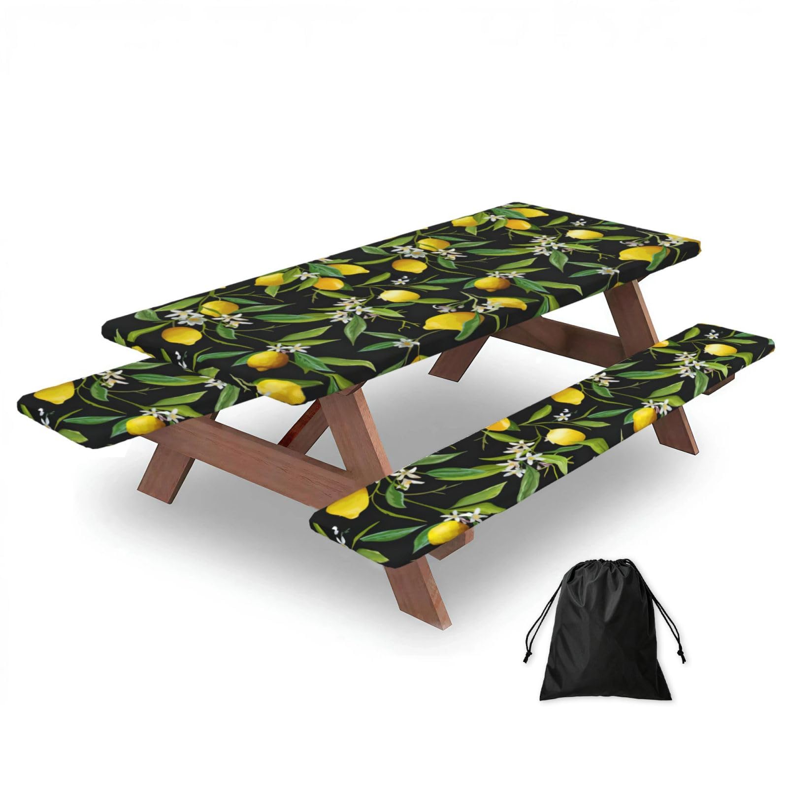 Zyjhyy Black Lemon And Flower Print 3 Pack Wipeable Picnic Bench Cover And Table Cover Lightweight Table Cloth For Camping Outdoor