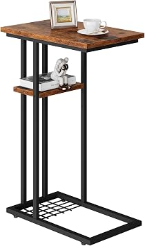 YMYNY C Shaped Side Table, Small Table Bedside Tables, Slim Narrow Coffee Table Sofa Side Table for Small Spaces, Living Room, Bedroom, Industrial, Easy Install, Rustic Brown HST004H