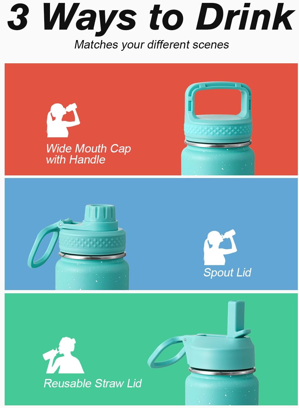 Coolflask Water Bottle 24 oz Insulated with Straw, Stainless Steel Metal 3 Lids Water Flask Wide Mouth for Sports or Office, Non-BPA Keep Cold Up to 48 Hrs or Hot Up to 24 Hrs, Glacier Blue thumbnail
