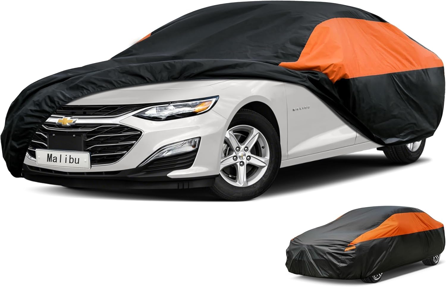 GUNHYI Waterproof Lightweight Sedan Full Car Cover Custom Fit Chevy Malibu | All‑weather Outdoor sun/rain/dust/snow/wind/UV protection, breathable tear‑resistant fabric, black‑orange design,storage bag