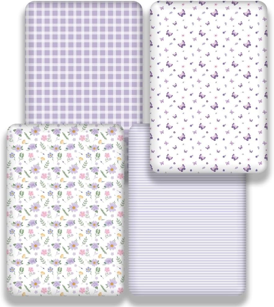 4 Pack Butterfly Baby Crib Sheets for Baby Girls Purple Crib Fitted Sheets for Standard Size Crib and Toddler Mattress Soft and Breathable (Crib)
