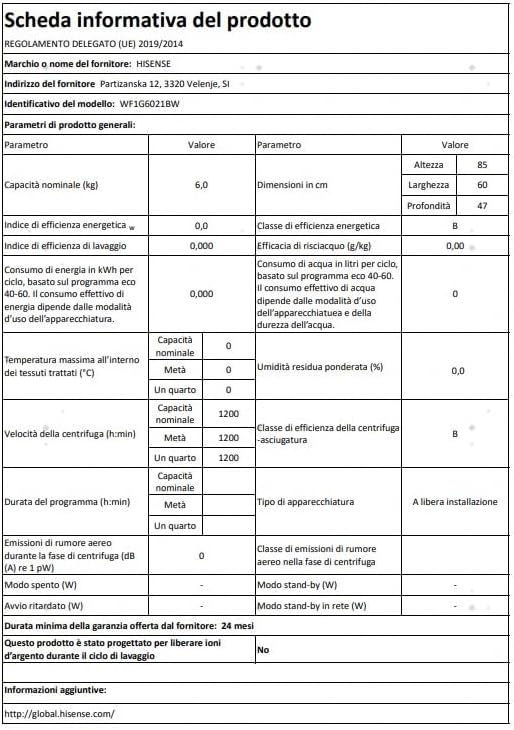 Hisense WF1G6021BW Product Data Sheet