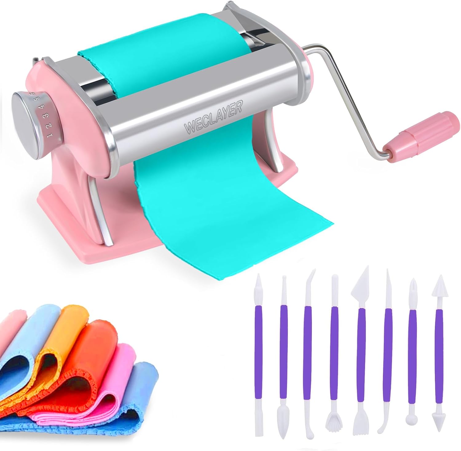 WECLAYER Polymer Clay Press Machine,Clay Roller Machine with 8pcs Modeling Clay Tools,Stainless Steel Polymer Clay Tools for Clay Earring Making,7 Adjustable Thickness Setting Clay Pasta Machine