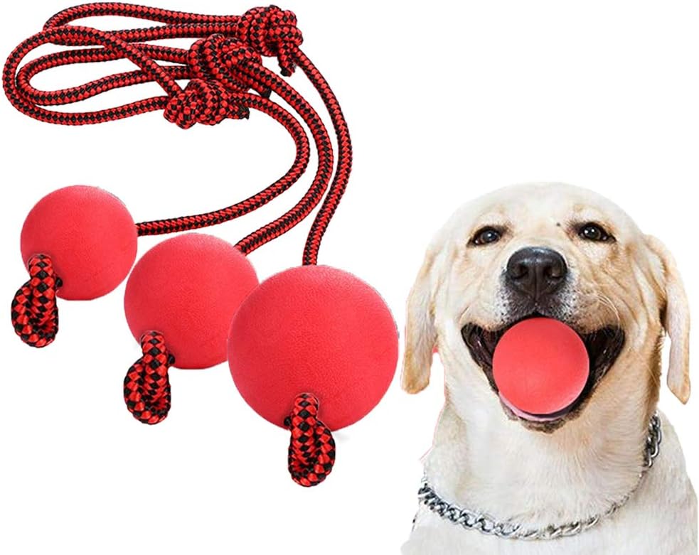 NewCreating Dog Rope Ball, 3 Pcs Ball on a Rope Dog Toy Natural Elastic Solid Rubber Dogs Balls