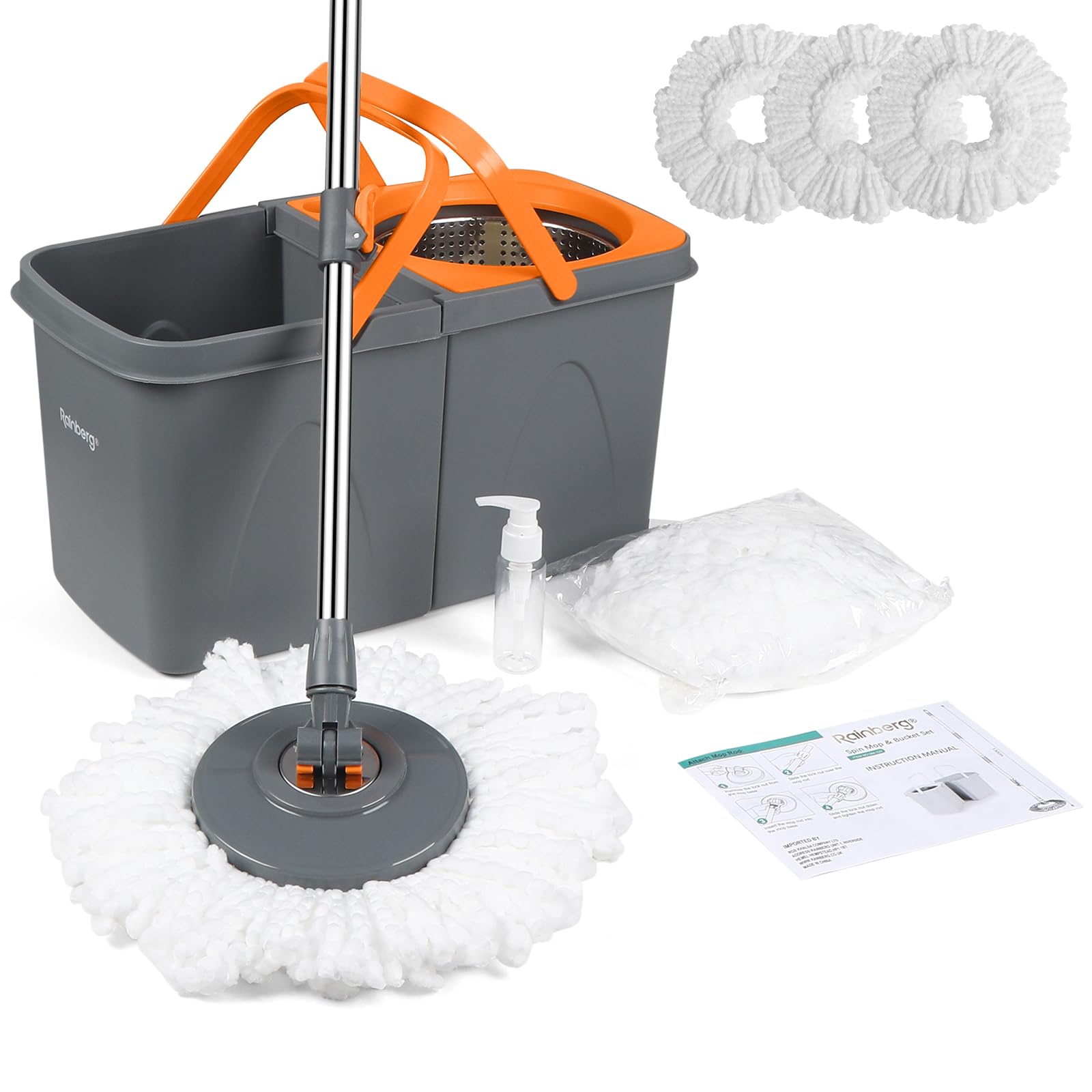 Rainberg Ensemble serpillère et Seau avec 3 têtes supplémentaires, Manche Extensible de 130 cm, têtes en Microfibre lavables en Machine, système d'essorage Automatique, Gris et Orange