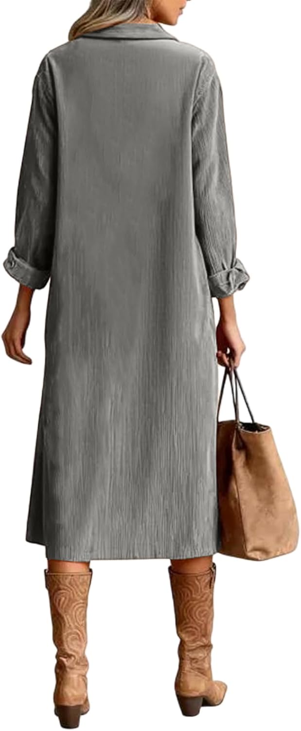 Women's Corduroy Button Down Shirt Dress 2025 Fall Casual Lapel a Line Pleated Tunic Midi Long Dresses
