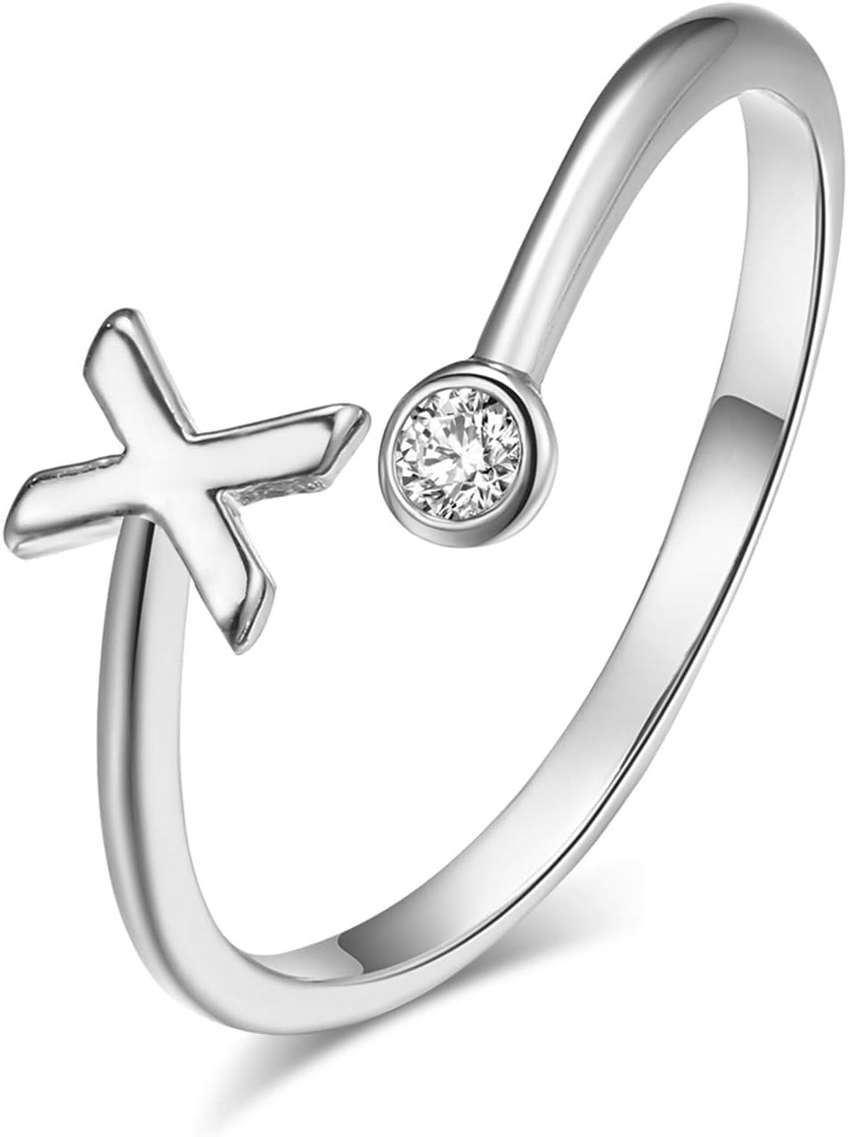 Silver Initial Letter Ring Stackable Rings for Women Fashion Rings Initial Alphabet Knuckle Rings A-Z Silver Crystal Adjustable Finger Ring for Women Jewelry