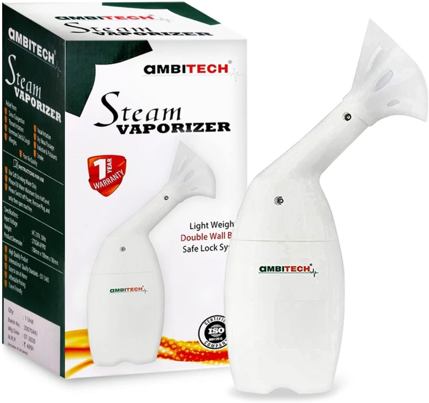 AmbiTech Steam Vaporizer Steam Inhaler Facial Vaporizer for Cold & Cough White1 Year Warrenty